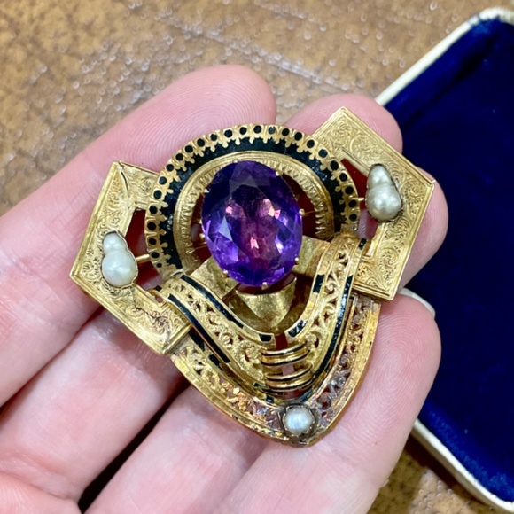Antique Victorian 14k Yellow Gold Natural Amethyst Pearl Black Enamel Brooch - Picture 6 of 11